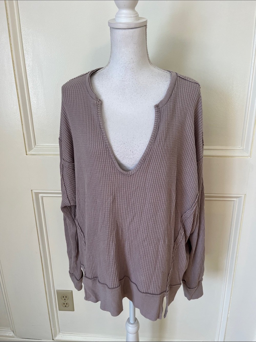 We The Free Dusty Mauve Waffle V-Neck Pullover